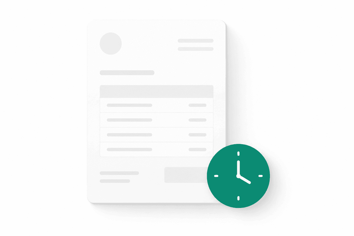 Illustration of an overdue invoice with payment reminders and a clock